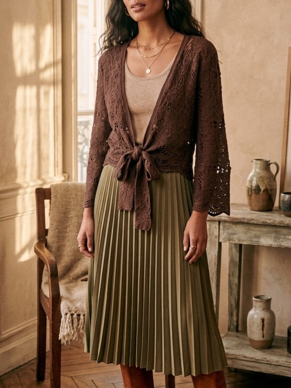 House of Harlow 1960 Chocolate Crochet Tie-Front Cardigan Cozy Layering Fairy